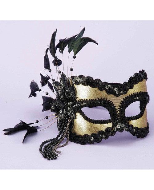 Karneval Half Mask W-feathers & Beads - Black-gold