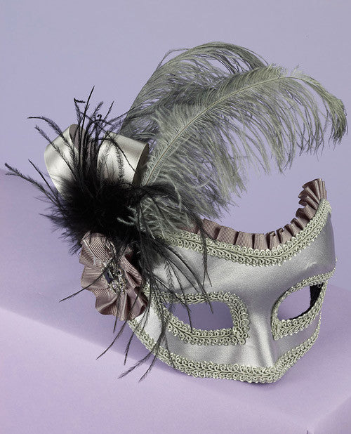 Satin & Feather Half Mask On Glasses - Silver