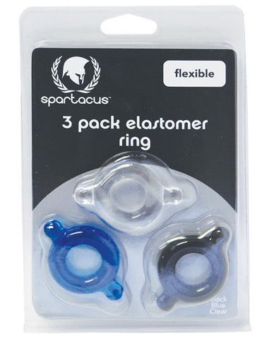 Spartacus Elastomer Cock Ring Set - Black, Blue & Clear Pack Of 3