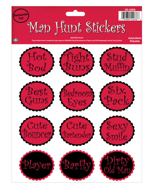 Bachelorette Fun Man Hunt Stickers - Sheet Of 12