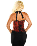 Halter Floral Print Corset W-hook & Eye Closures & Acrylic Boning Red-black 32