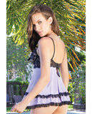 Scalloped Stretch Lace & Mesh Babydoll W-adjustable Straps & G-string Lilac-black Lg