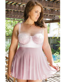 Eyelash Lace Mesh & Satin Underwire Soft Cup Babydoll W-adjustable G-string Rose Dust 1x-2x