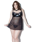 Darque Wet Look, Mesh & Scalloped Stretch Lce Babydll W-soft Cup, Undrwire & G-string Black 1x-2x