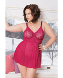 Valentines Mesh & Lace Babydoll W-underwire Cups, Adjustable Straps & G-string Blushberry 3x-4x