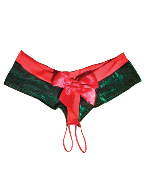 Holiday Crotchless Velvet & Knit Panty W-elastic Straps Green-red Oq