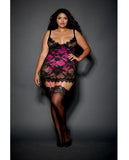 Stretch Lace Chemise W-stretch Satin Undrwire, Adjutable Grter Staps & G-string Black-magnta 1x-2x