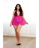 Stretch Satin Babydoll W-lace Overlay & Adjustable Neck-hook Closure & G-string Black-magenta 1x