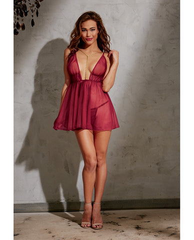 Stretch Mesh Babydoll W-attached Gold Chain Neckline, Adju Hip Straps & G-string Garnet Lg