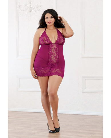 Stretch Lace Galloon & Stretch Mesh W-spandex Halter Chemise W-lace Hem & Thong Raspberry 1x