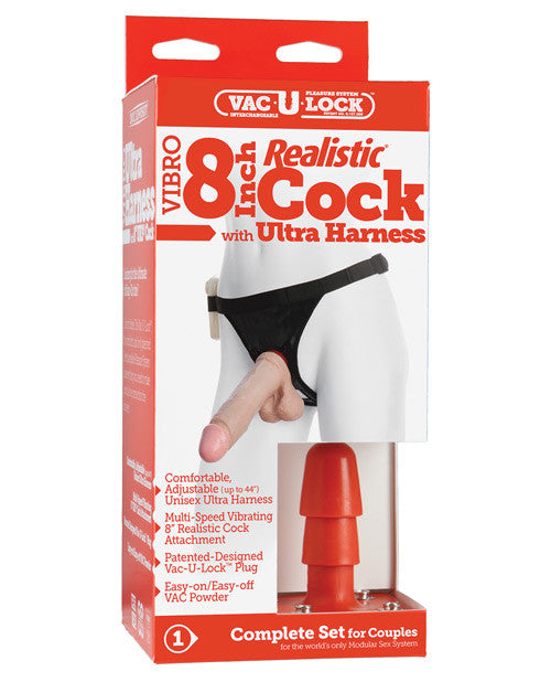 Ultra Harness 2 W-8" Vibrating Ultraskyn Cock - White