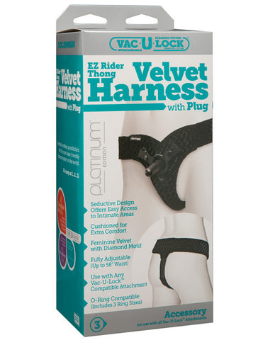 Vac-u-lock Velvet Ez Rider Thong Harness W-plug - Black