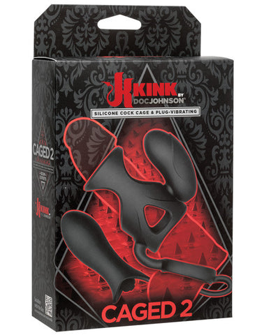 Kink Vibrating Cock Cage W-ball Strap & Dual Bullets - Black