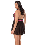 Halter Embroidered Babydoll Black-fuchsia Qn