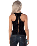 Adjustable Buckle Strap Corset W-front Zipper & Soft Boning Black-white Pinstripe 32