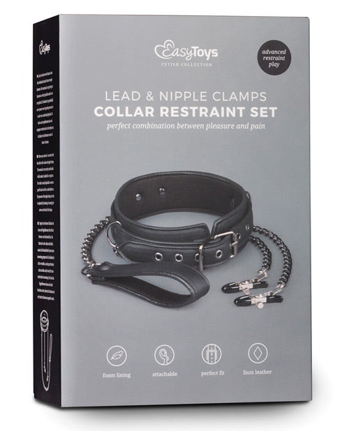 Easy Toys Leather Collar W-nipple Chains - Black