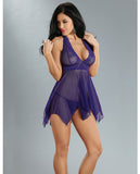 Mesh & Lace Halter Tie Neck Babydoll & G-string Midnight Purple 1x