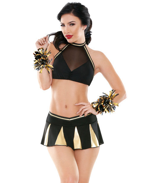 Play Crowd Pleaser Halter Mesh & Micro Top, Pleated Skirt & Pom Poms Black-gold L-x