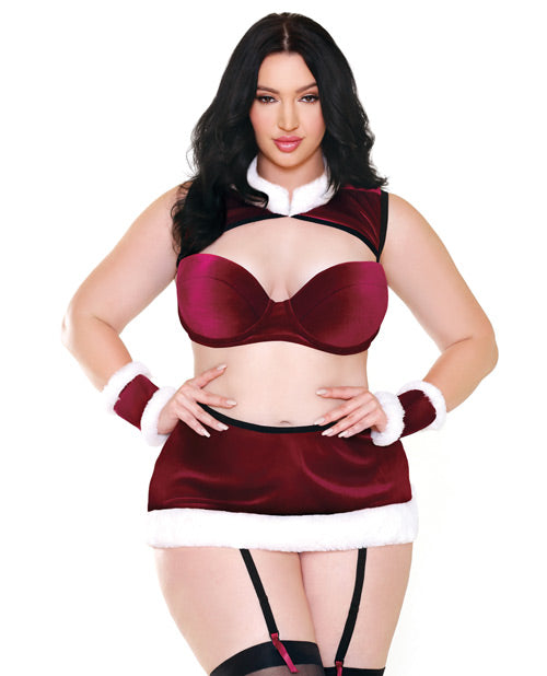 Holiday Curve Sleigh All Day Velvet Bra Top W-faux Fur Collar, Gartered Skirt & Cuffs Red-white 1