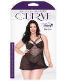 Curve Marissa Floral Lace & Sheer Mesh Dress & G-string Black 1x-2x