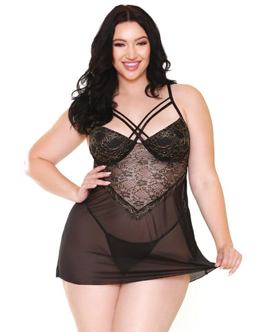 Curve Marissa Floral Lace & Sheer Mesh Dress & G-string Black 1x-2x