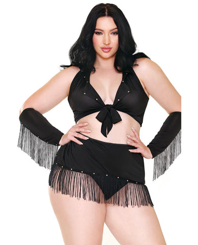 Curve Sassy In The Saddle Collared Top, Skirt, Cuffs, Skirt & Panty Black-white 1x-2x