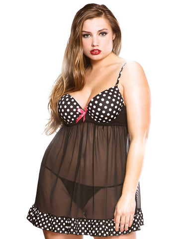 Curve Polka Dot Underwire Babydoll & G-string Black 3x-4x