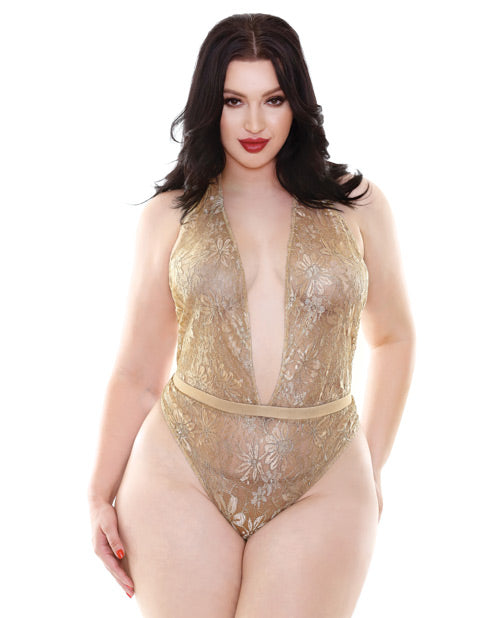 Holiday-valentines Champagne Wishes Lace Halter Teddy W-elastic Waistband Gold 3x-4x