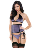 Tease Violet Velvet Halter Top, Garter Belt & Side Tie Panty Purple S-m