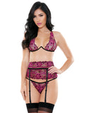 Tease Janelle Two Toned Lace Underwire Bra, Garter Belt & G-string Black-pink M-l