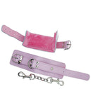 Strapped Plush Restraints Fur Lined Leather Cuffs - Pink