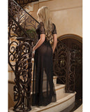 Sheer & Lace Gown W-double Front Slit W-straps & Thong Black O-s