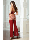 Open Side Sheer Pants & Halter Cami Top W-wired Cups Maroon Red O-s