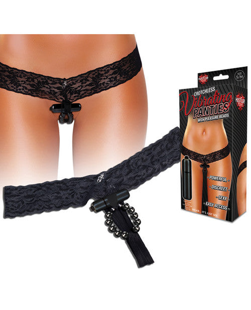 Hustler Vibrating Panties W-hidden Vibe Pocket, Bullet & Stimulation Beads Black M-l