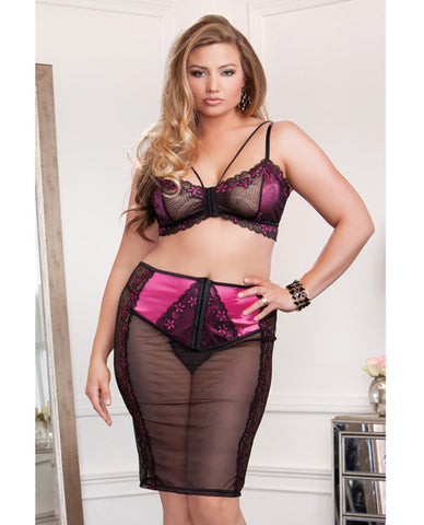 Floral Lace, Mesh & Microfiber Bralette W-skirt & G-string Fuchsia-black 3x