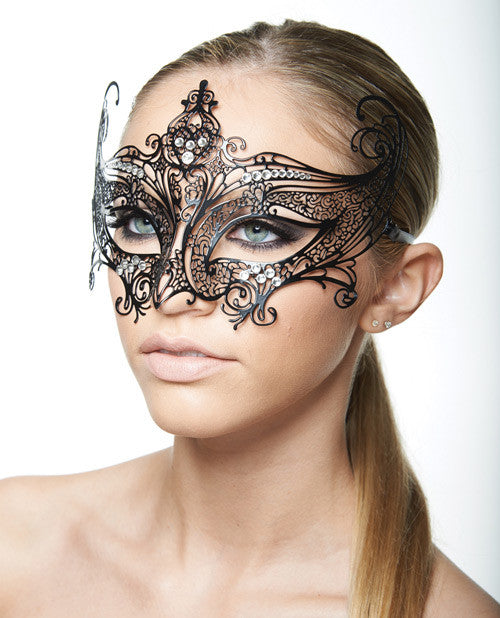 Kayso Laser Cut Masquerade Mask W-clear Rhinestones #2 - Black