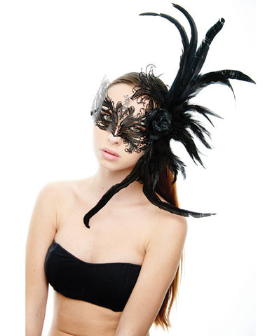 Kayso Laser Cut Mask W-black Rose & Feathers - Black