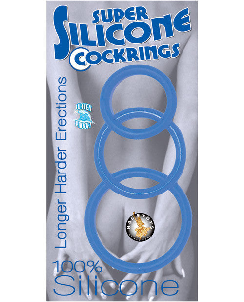 Super Silicone Cock Rings Waterproof - 3 Sizes Blue