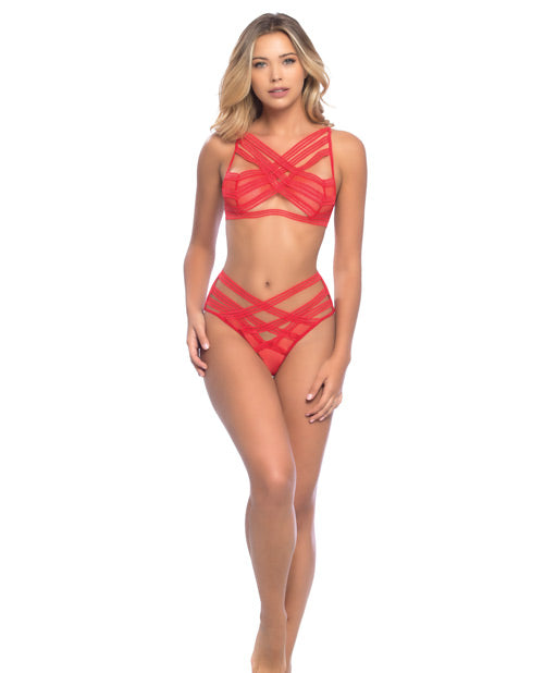 Strappy Elastic & Mesh Soft Cup Bra & Ruched Back Panty Red O-s