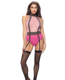 Mesh Teddy W-striped Elastic Details, Back Keyhole & Removable Garters Light Pink-bright Rose L-xl