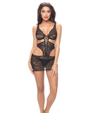 Lace Babydoll W-underwire & Deep Plunge Lace Up & G-string Black O-s