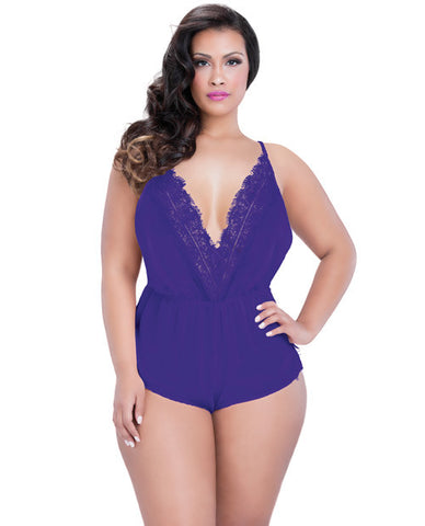 Chiffon & Delicate Lace Romper W-snap Crotch & Back Lace Up Purple 1x-2x