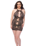 High Neck Eyelash Lace Chemise W-elastic Edges & Scoop Back & G-string Black 1x