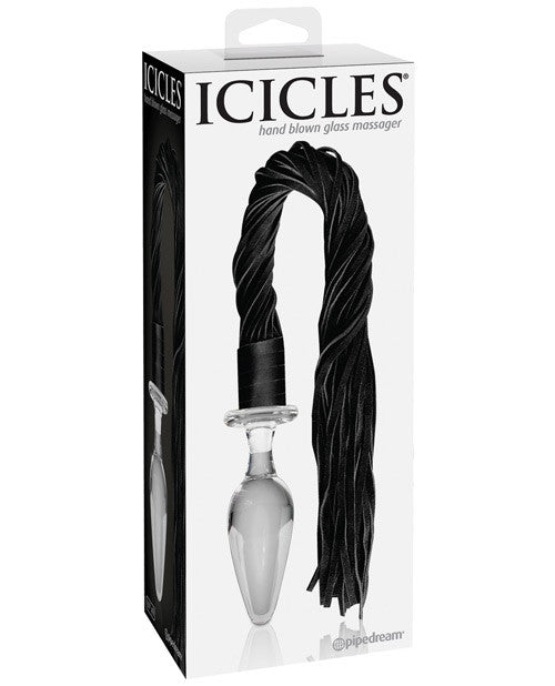 Icicles No. 49 Hand Blown Glass Butt Plug W-attached Leather Flogger - Clear