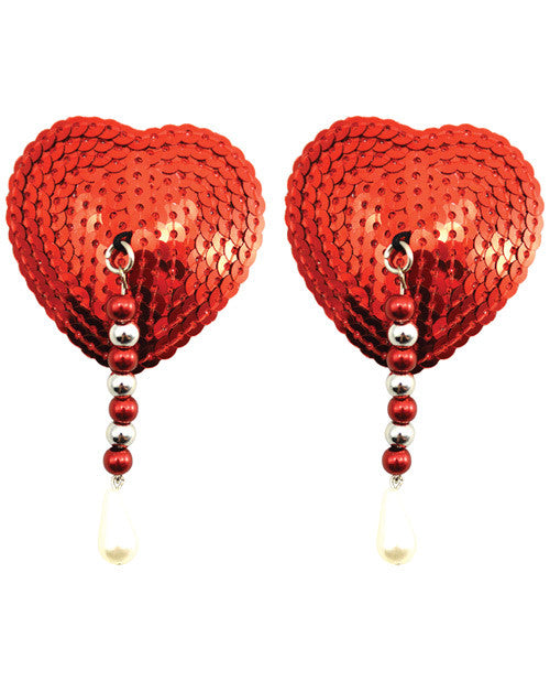 Sequin Nipple Covers Heart W-beads And Pearls - Red