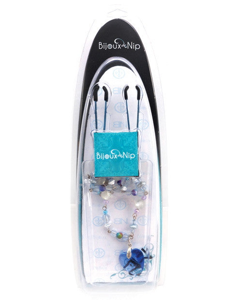 Tweezer Swag Style Jeweled Blue Heart Pendant W-blue & Pink Beads Nipple Clamp - Blue