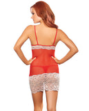 Sheer Babydoll W-lace Top & Skirt & Thong Peach Md
