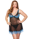 Sheer Babydoll W-lace Trim & Thong Black-blue 2x