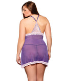 Holiday-valentines Lace & Mesh Halter Babydoll W-panty Purple 1x