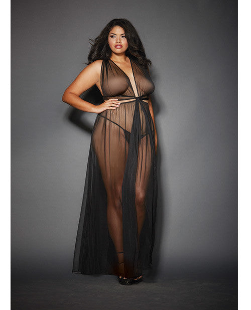 Sheer Mesh Gown W-cut Out Sides & Ties In Back W-g-string Black Qn